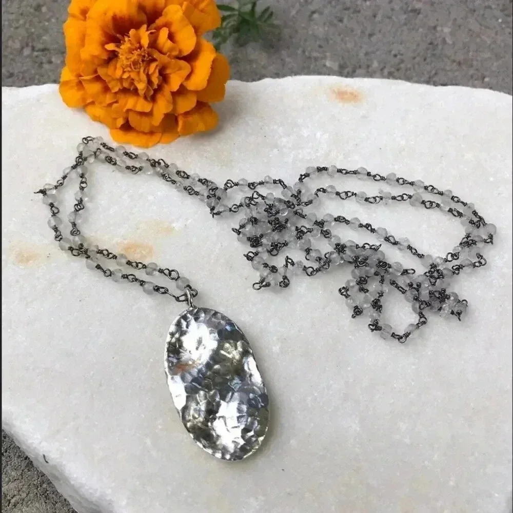 Crystal Quartz Long Necklace, Thai Hilltribe Silver Pendant, Hammered Silver - Picture 2 of 3
